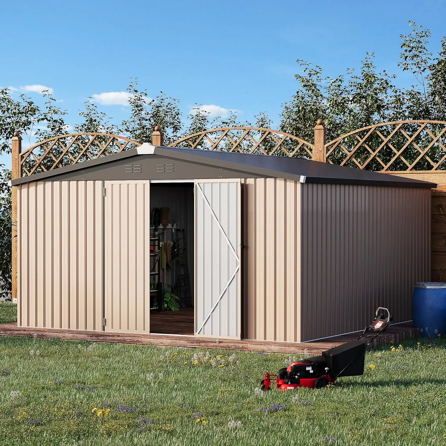 10'x10' Metal Outdoor Storage Shed with Lockable Doors, Steel Garden Tool Utility Shed for Backyard Patio, Customized
