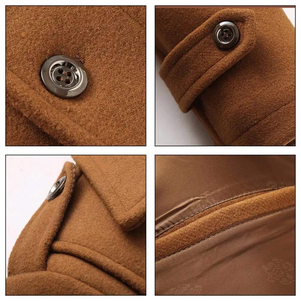 Men Woolen Coat Button Cuffs Coat Men's Woolen Coat Mid-length Business Outerwear Stand Collar Lapel Jacket Long Sleeve Solid