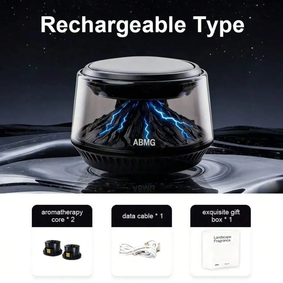 Smart Car Air Freshener Diffusers, Volcano Glacier Landscape Car Diffuser With AI Smart Start-Stop, Solar & USB Charging, Portab