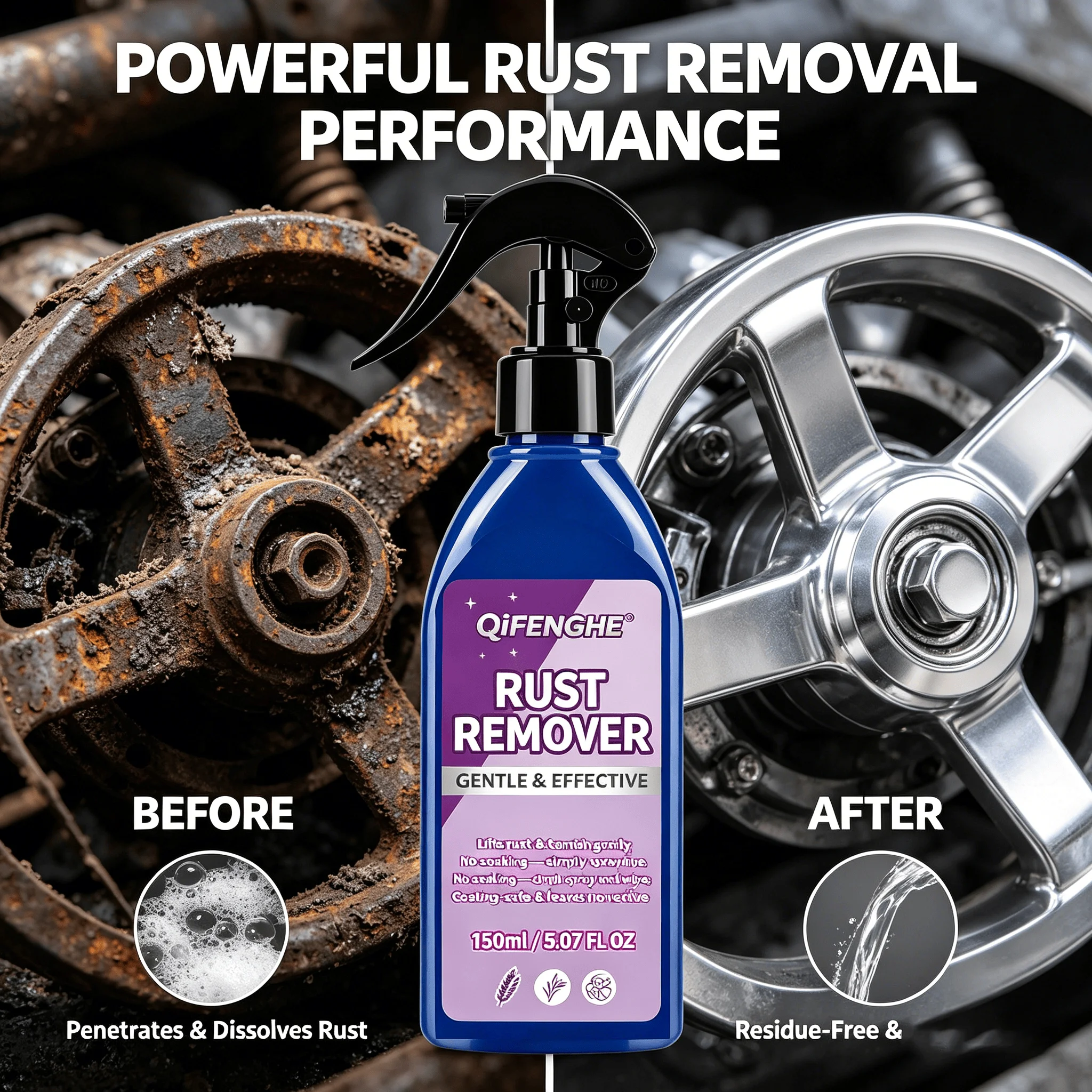 Rust Remover for Car Wheels & Brake Discs – No Scrubbing, Safe on Paint & Chrome, Restores Metal Shine – 150ml