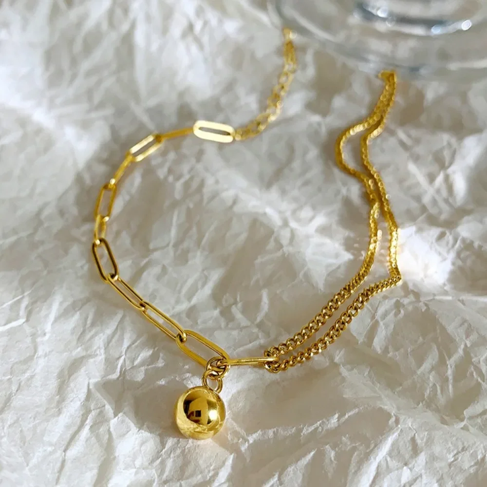 Stainless Steel Charm Gold Color Round Ball Lucky Bracelet for Women High Quality Retro Hip Hop Bangle Jewelry Gift Colorfast