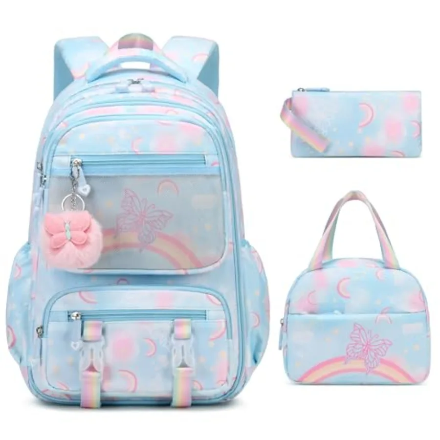 

Backpack for Girls, Rainbow Butterfly Girls Backpacks with Lunch Bag Pencil Case Set, Backpack Kindergarten Elementary Middle S