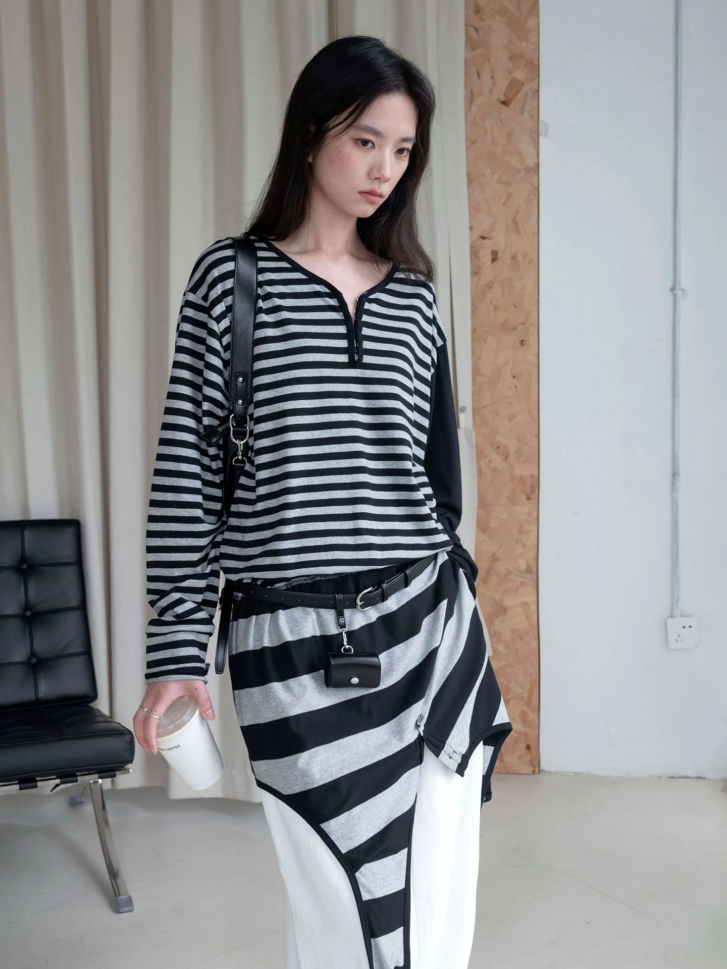 Autumn new design deconstruction V-neck striped two-piece dress T-shirt loose slimming top for women