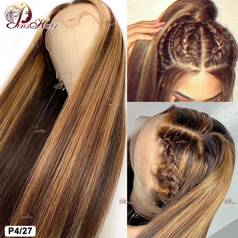 Honingblonde Rechte Kant Frontale Human Hair Pruiken P4/27 Gekleurde Highlight 13X6 Lace Frontale Pruik Remy Hair Pre Geplukt Voor Womem