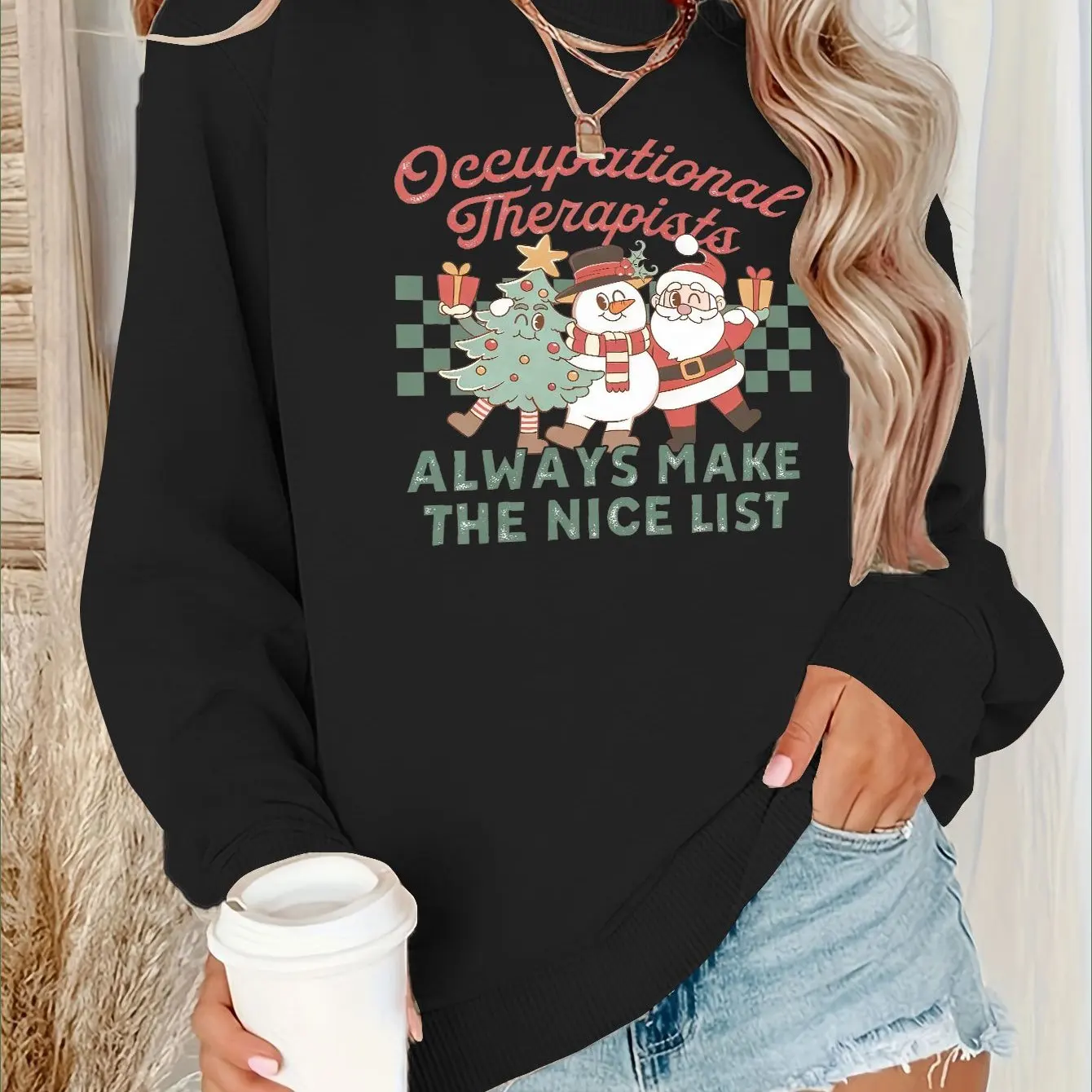 Women\'s Festive Christmas Sweatshirt Santa Snowman & Tree Print Casual Crew Neck Pullover Soft Polyester Blend Machine Washable