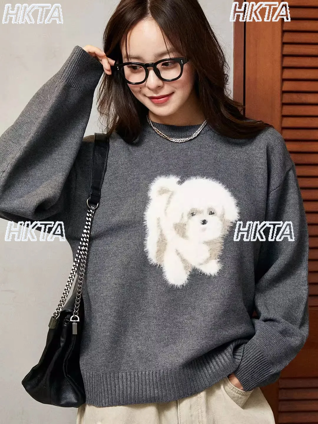 Sweet Commute 2025 Autumn Winter Plush Cartoon Pattern Round Neck Loose Knitted Pullover Top Long Sleeve Black Sweater for Women
