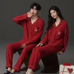 Newlyweds Couple Pajamas Spring Autumn Long Sleeve Female with Chest Padded Cardigan Sleepwear Red Loungewear Set For Lovers