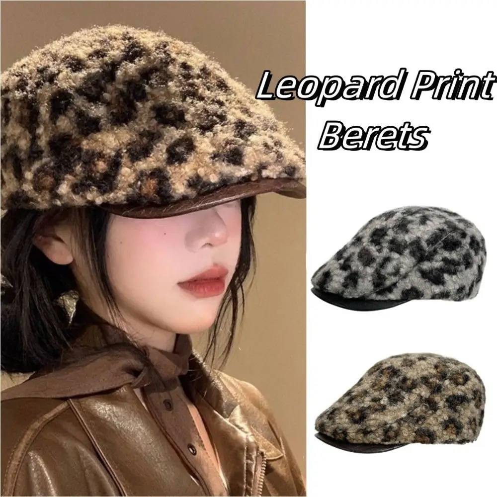 

Retro Adjustable Lamb Wool Berets Hat Keep Warm Pu Leather Brim Leopard Print Berets Y2k Street Women Newsboy Caps Girl