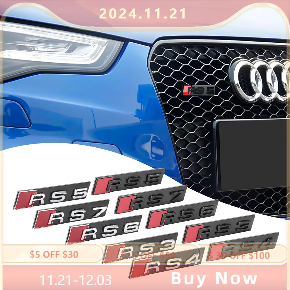 1PC Chrome Black Logo RS3 RS4 RS5 RS6 RS7 RS8 Emblem Car Front Grille 3D ABS Badge For Audi S3 S4 S5 S6 S7 S8 SQ3 SQ5 SQ7 SQ8 V8