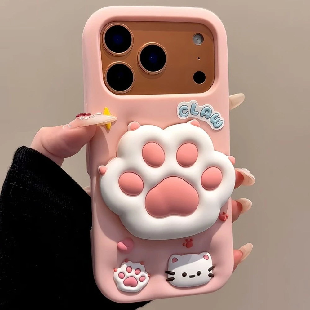 Cute Cartoon 3D Cat Claw Soft Silicone Phone Case Holder for IPhone 17 16 15 14 13 ProMax Shockproof Anime Back Cover Girls Gift