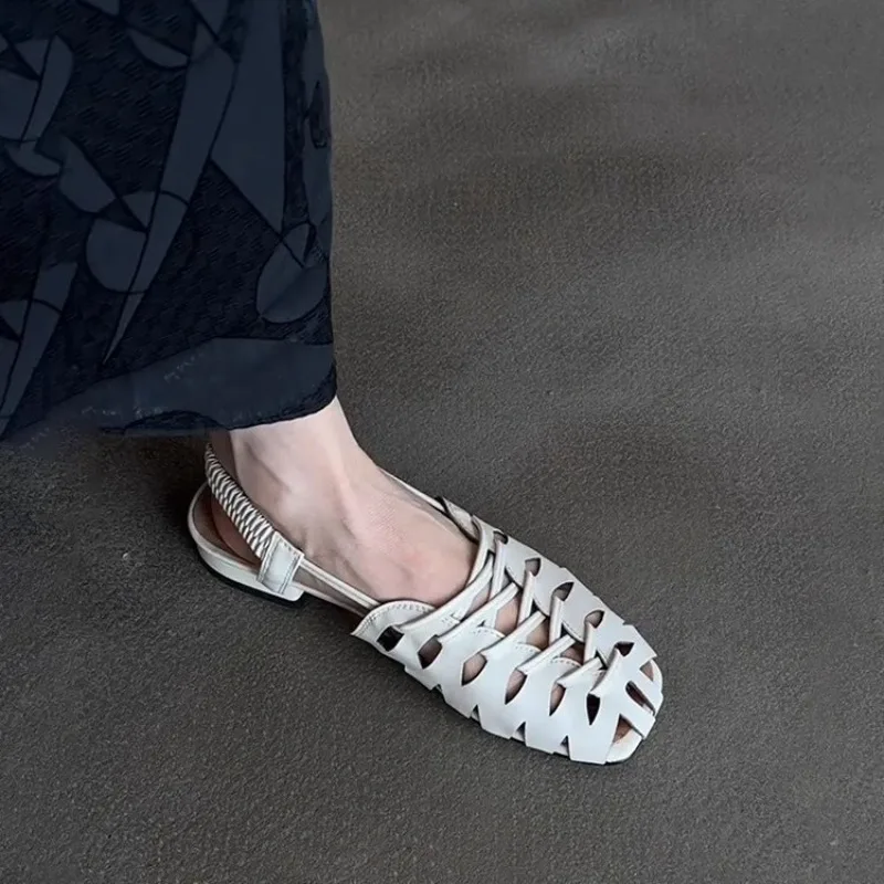 Square-toed Knit Openwork Breathable Summer Sandals for Women with Back Straps Flat Platform Piggy Shoe Toe Roman Shoes