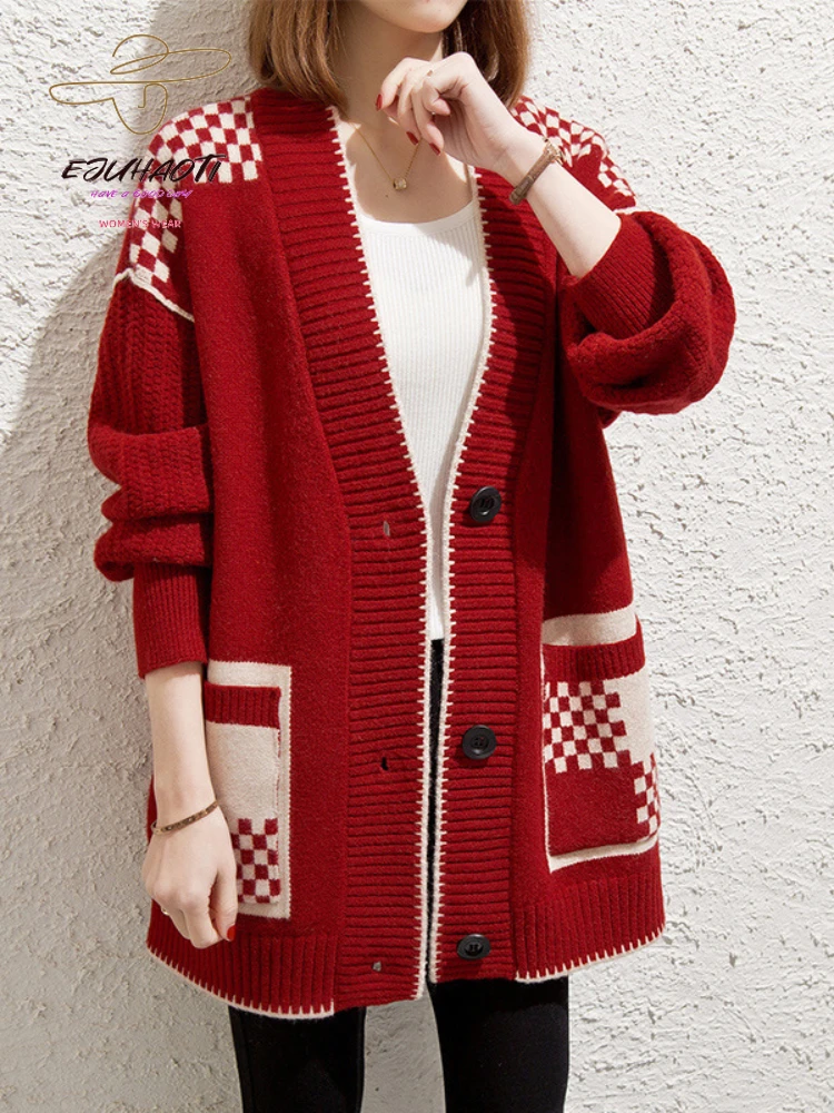 Women's Korean Fashion Cardigan Winter Knitwear Coat Free Shipping Promotion Ladies Sweater Red Tops Elegant Girl's Clothing