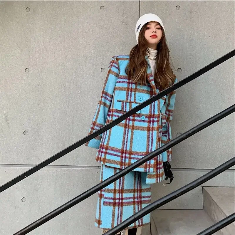 Women Suits Autumn Spring Fashion Office Lady Plaid Full Turn-down Collar Button Fly Skirt 2-piece Set All-match Girls Suits