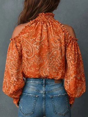 Boho Paisley-Print Chiffon-Top Damen Sexy Off-Shoulder Bluse mit Trompetenärmeln Retro 70er Fairycore Hemden – Detail 10
