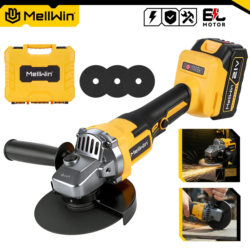 MELLWIN 125MM Bürstenloser Elektrischer Winkelschleifer 3-Gang M14 Schneid- und Poliermaschine Holzbearbeitungswerkzeug für Makita 18V Akku