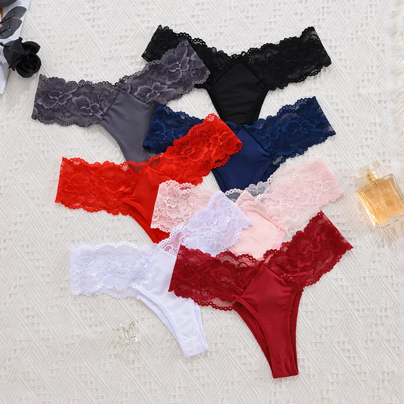 

4PCS/ Sexy Sheer Lace Mid-Rise Women's Thong Panties - Nylon Knit Underwear, Lingerie Intimates for Ladies | Comfortable