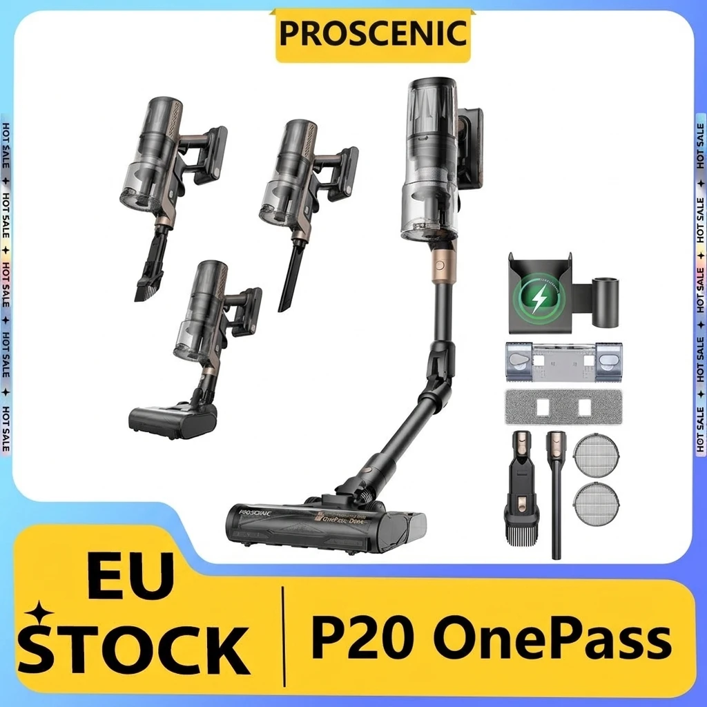 Aspiradora Inalámbrica Proscenic P20 OnePass, Succión de 70000Pa, 70 Minutos de Autonomía, Motor Sin Escobillas de 680W, 180 ° Tubo