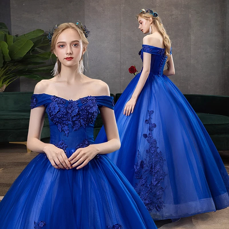 Vestido azul real para quinceañera, traje elegante con cuello Barco, bordado De encaje De lujo, para fiesta De 15 años, graduación, novedad De 2024