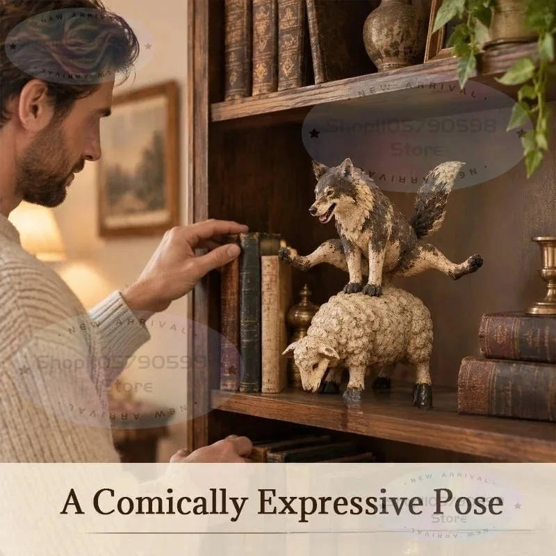 2026 Funny Wolf Riding a Sheep Figurine, Funny Farmhouse Animal Statue,Rustic Animal Decor, Quirky Shelf Decor for Home & Office