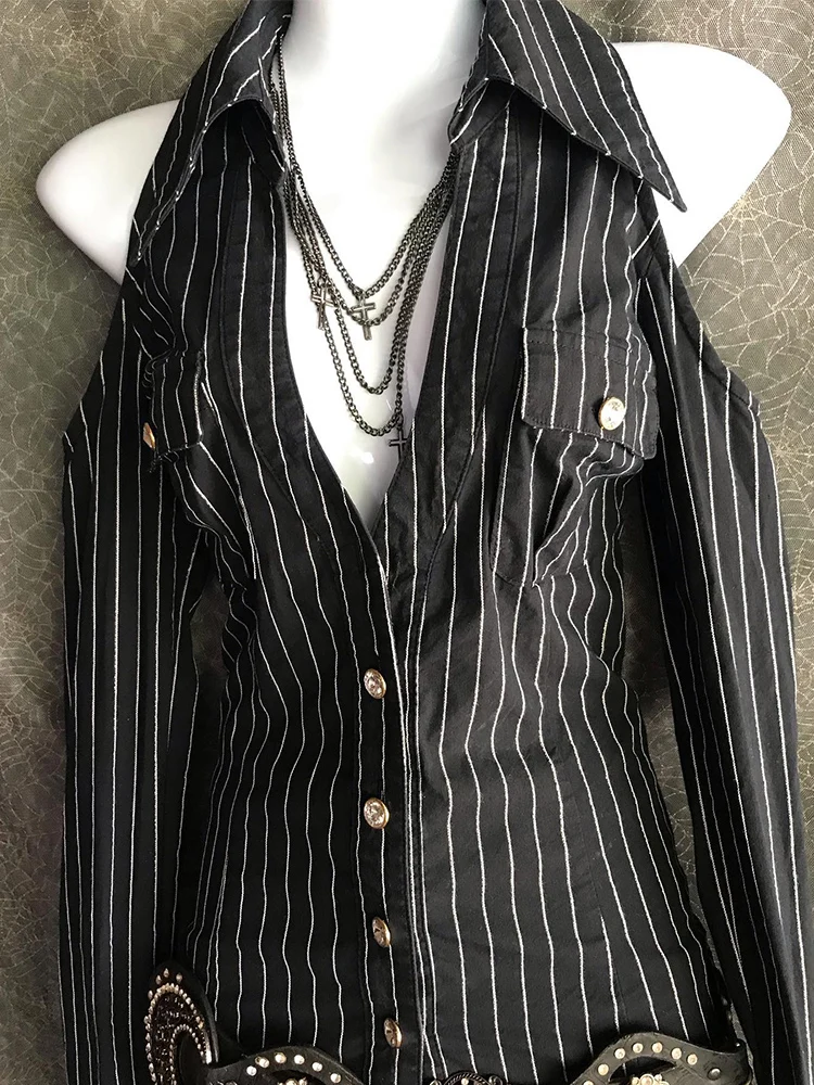 Slim Fit Vintage Black Stripe Shirt Women\'s Original Design High Quality Fashionable Waist Cinching Shoulder Baring Top