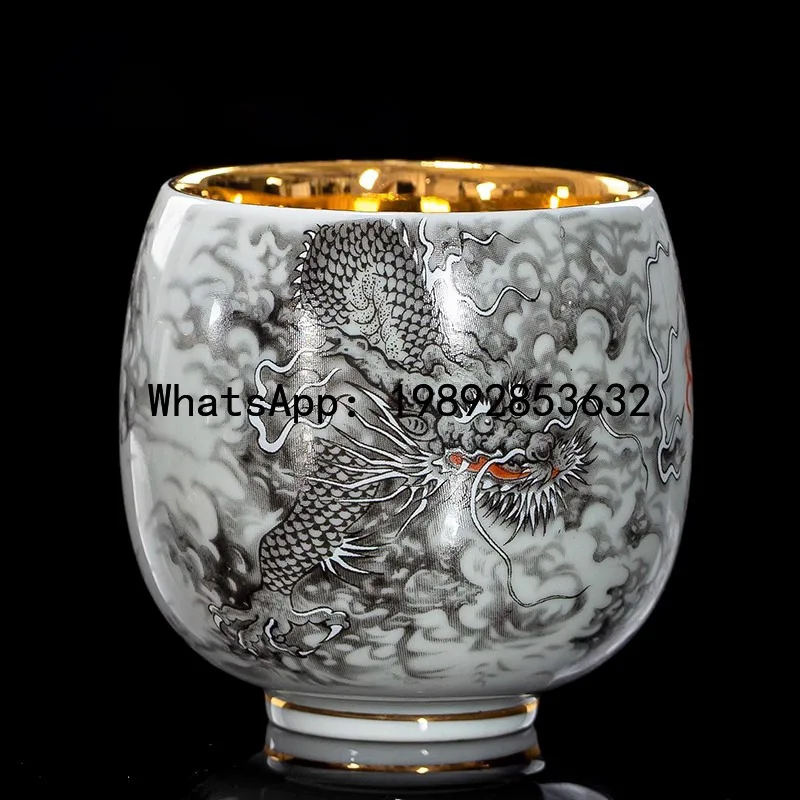 

Hand-painted ink dragon gilt vintage master tea cup - a gift for elders and leaders