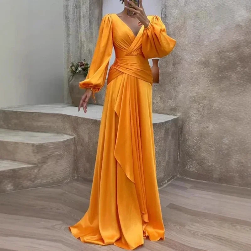 

Ladies Sexy Deep V High Waist Evening Dresses Spring Simple Casual Chic Irregular Pleated Long Skirt Women Elegant Party Dress