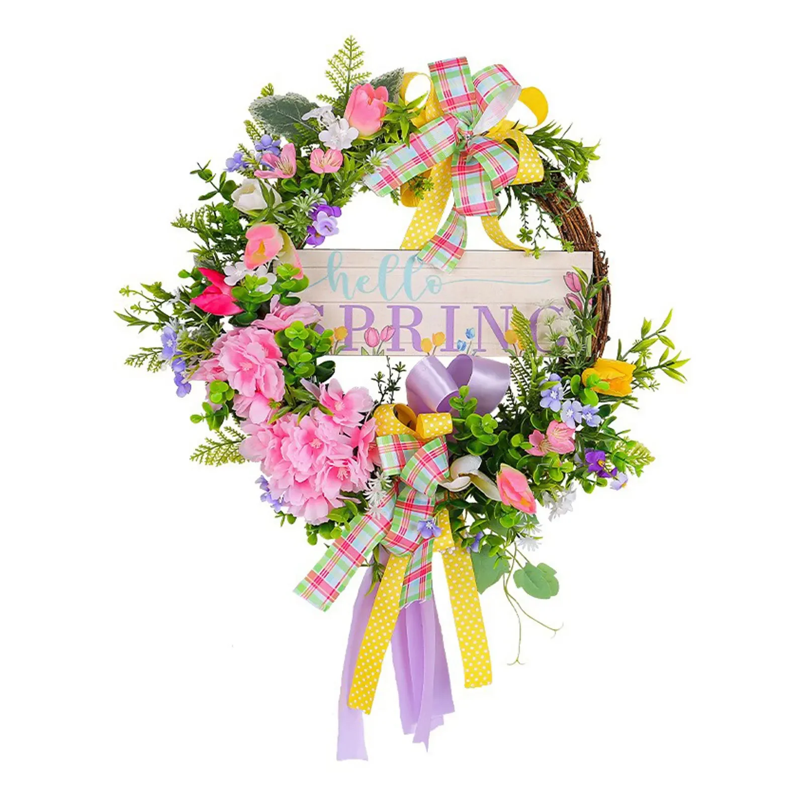 Spring Withered Branch Wooden Plaque Wreath Colorful Ribbons Bows Green Grass Flower Wreaths Shopping Mall Window Home Decor