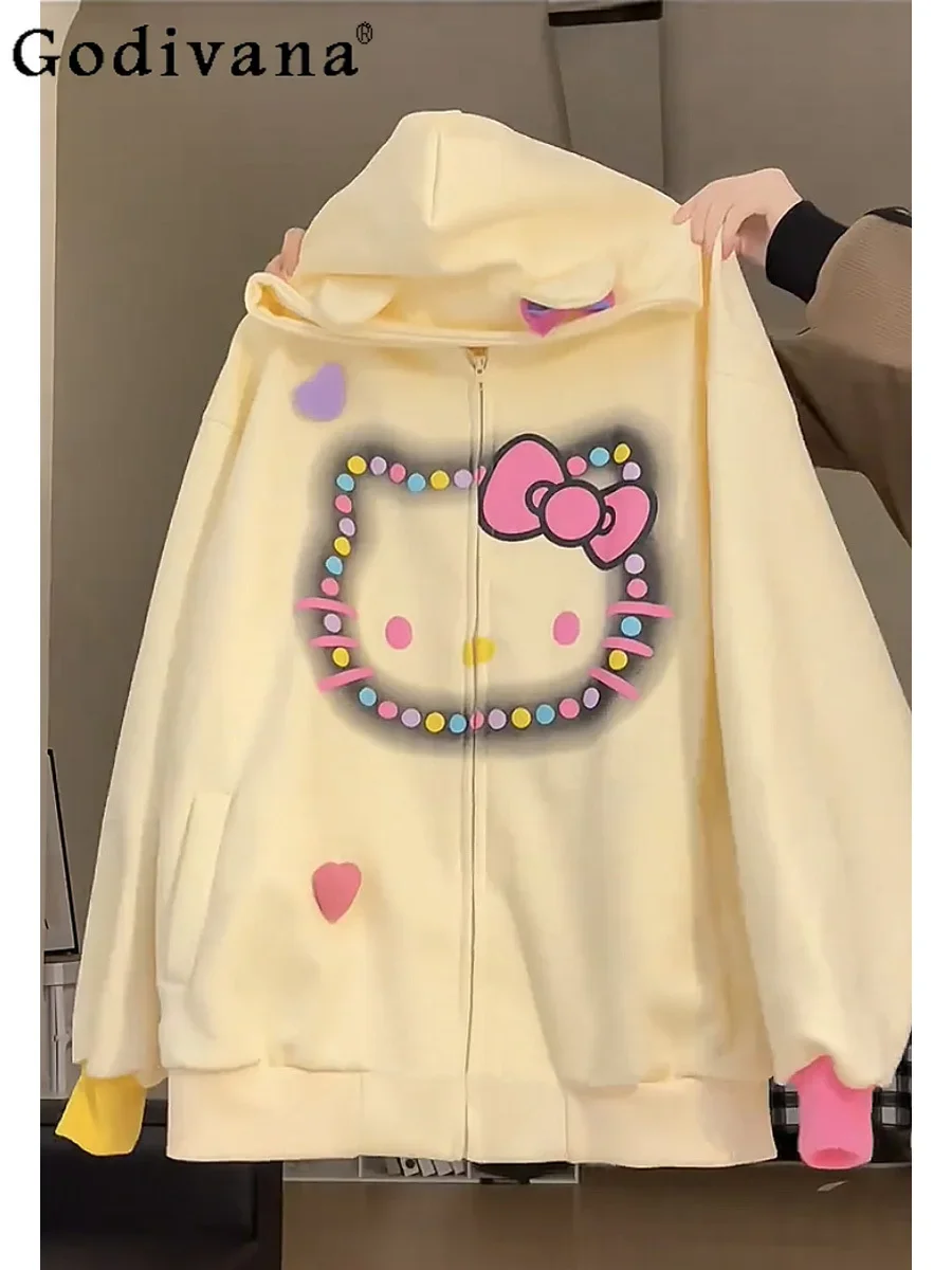 Sanrio Hello Kitty Hooded Sweatshirts for Women College Style Sweet Cool Couple Hoodies Lady Loose Casual Kawaii Cardigan Jacket