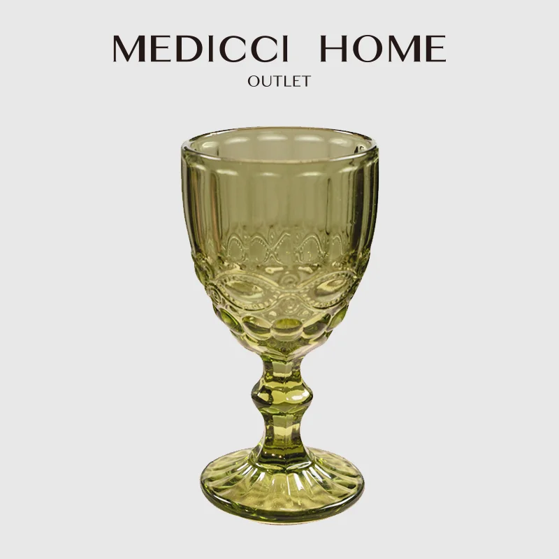 Medicci Home European Retro Wine Glass Green Colored Goblet Vintage Pattern Embossed Glass Goblets For Party Wedding Anniversary