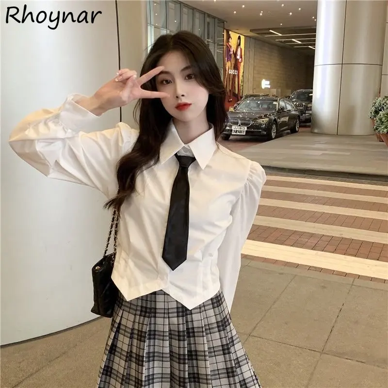 

Shirts Women White French Style Long Sleeve Spring Hipster College Sexy Crop Top Design All-match Aesthetic Clothing Ins Fashion