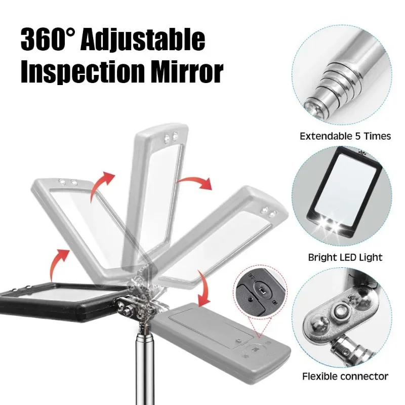 360° Rotatable Inspection Mirror LED Light Telescopic Handle Detection Mirror Repair Tool Automotive Repair Auxiliary Lighting