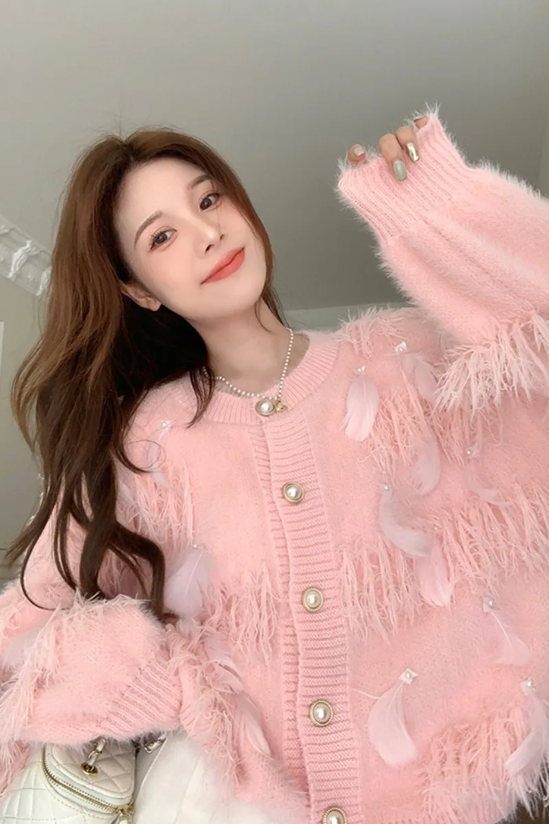 Loose Women Cardigans Autumn Sweet Tassel Feather Solid Female Knitted Sweater Fashion Casual Short Single Breasted Outerwear