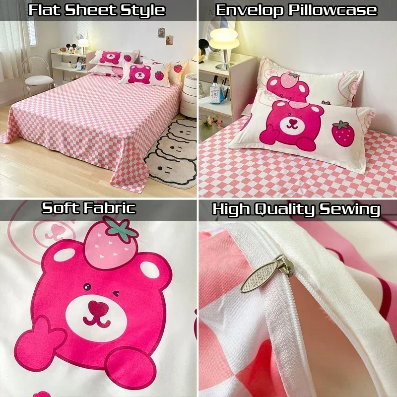 Fashion Cartoon Bedding Set Spring Duvet Cover Flat Sheet Pillowcase Cute Bear Home Textile Boys Girls Comforter Cover Bed Linen