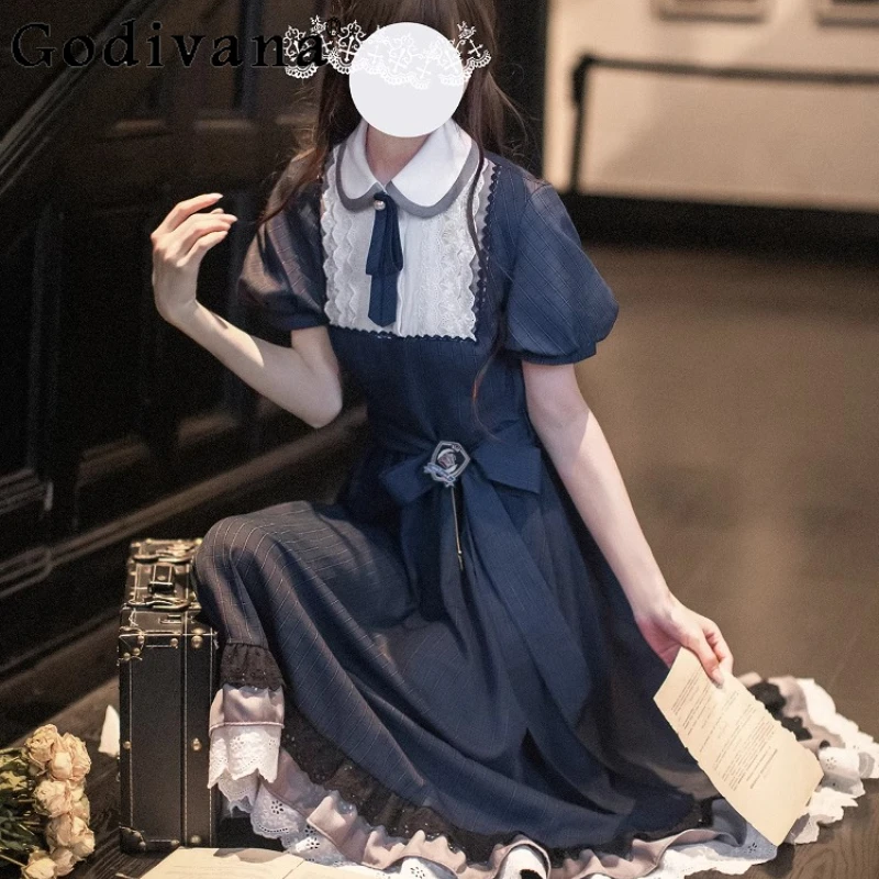 الربيع الصيف الحلو لوليتا فستان السيدات الأصلي الأنيق الرجعية الأزرق الداكن فستان الأميرة المرأة الصيف فستان قصير الأكمام