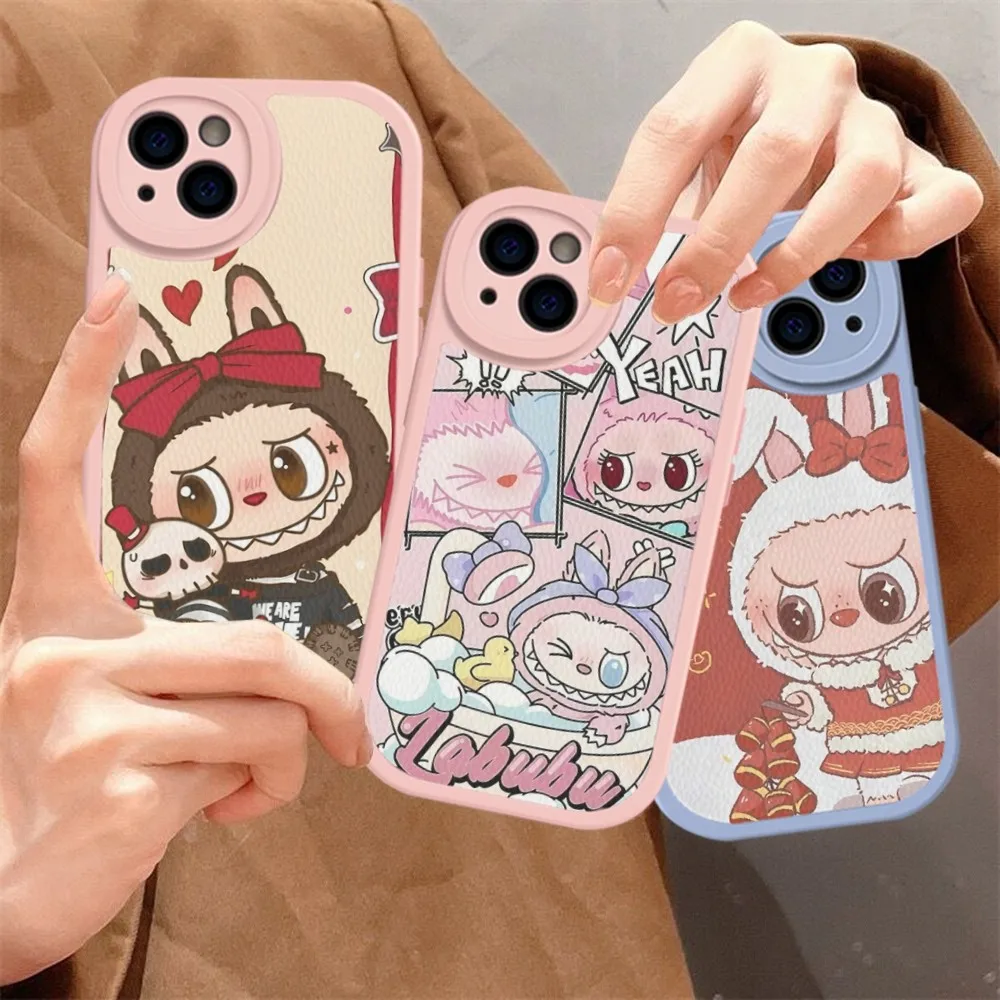 New K-Kawaii Cute L-Labubu Phone Case Hard Leather For iPhone 16 15 14 13 12 Mini 11 14 Pro Max Xs X Xr 7 8 Plus Fundas