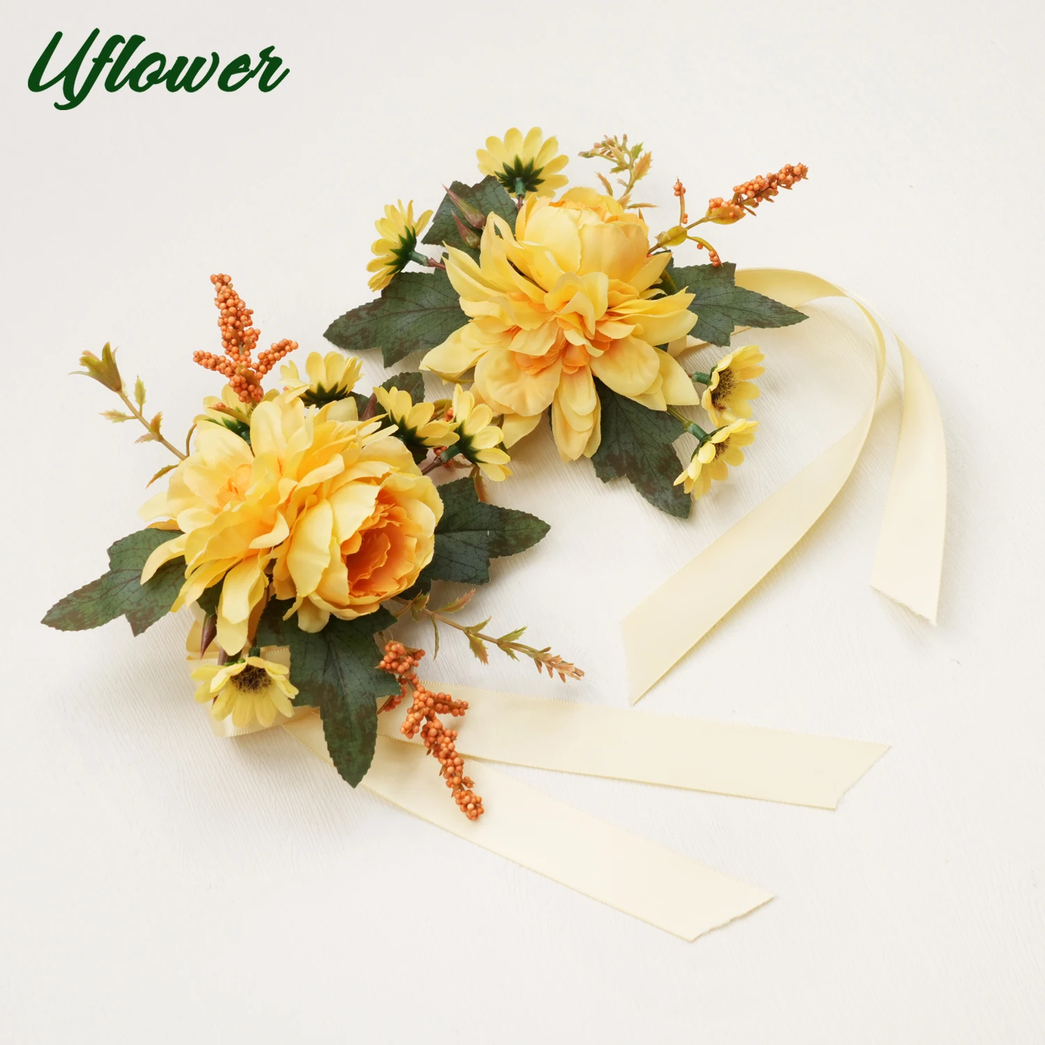 Uflower 노란색 신부 손목 코사지, 소녀, 홈 커밍, 결혼식, 기념일을위한 어머니 코사지 팔찌 장식