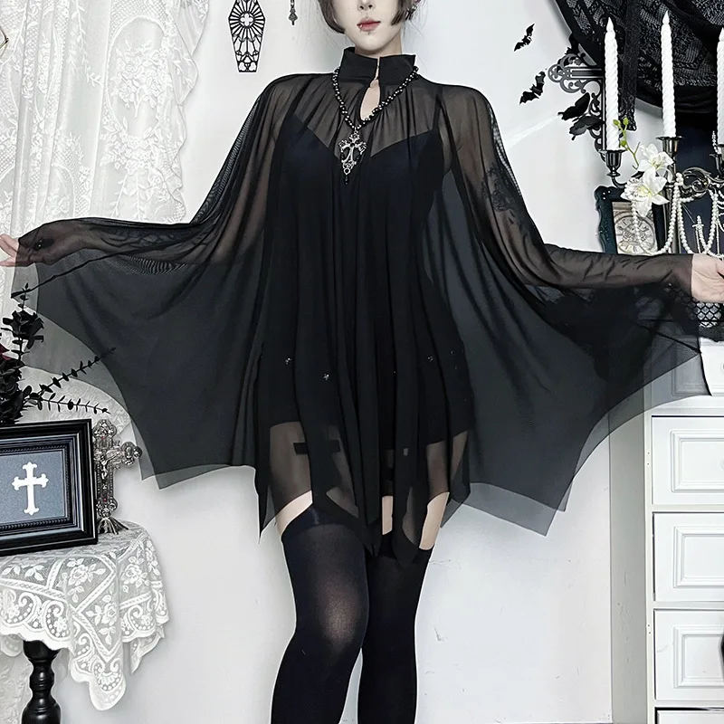 

Vintage Y2K Gothic Bodysuit 2 Piece Set 2000s Women's Black Spaghetti-Strap Bodysuit + Tulle Cape Shawl Aesthetic Halloween Set