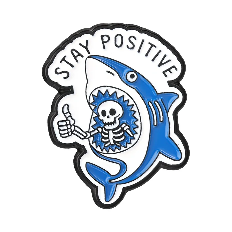 Stay Positive Skeleton In Shark Mouth Badge Dark Humor Skeleton Thumb Up Enamel Pin Bag Lapel Badge Fashion Jewelry Gift Brooch