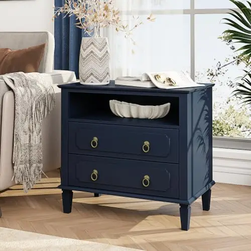 26 inch Wide Nightstands with 2 Drawers and Open Shelf, Modern Farmhouse Bedside Table, End Table Side Table with