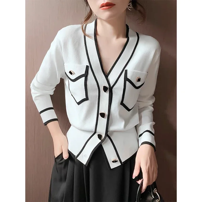 Women Clothing Sexy Slim Solid Chic Sweater Cardigan Spring Autumn V-neck Simple All-match Knitwear Tops