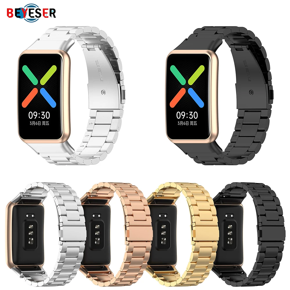 Stainless Steel Strap For Oppo Watch Free Fashion Three Beads Steel Band SmartWatch Replacement Bracelet Wristband Accessories