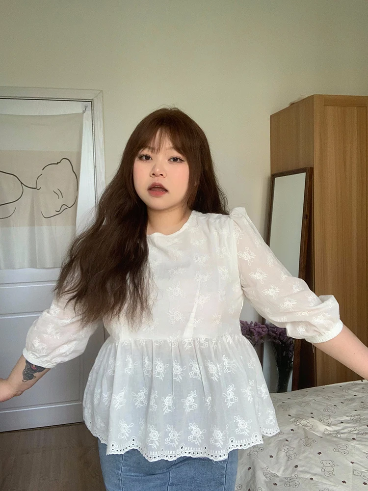 

Embroidered Loose Bubble Sve Top Women's Sle plus Size Cotton round Ne High Waist Single Piece Summer Faion