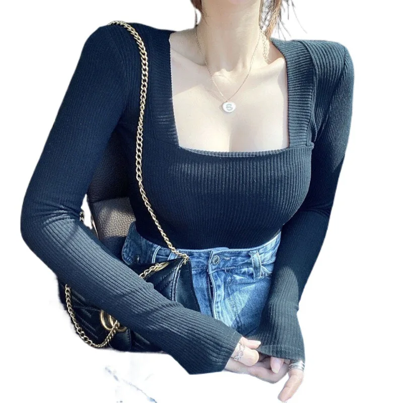 New Autumn Winter Knitwear Slim Square Neck Tops Long Sleeve Pullover Sweaters Skinny Elastic Bottom Shirt Sexy Solid Color Tops