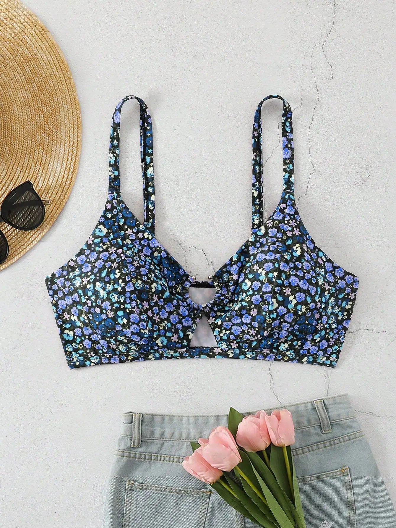 

Floral Print Camisole Style Swim Top For Women Beach Vacation