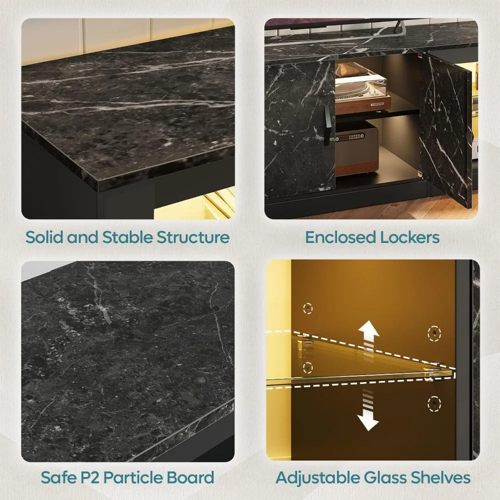 Suporte de TV de 80 polegadas para TVs de 75/85/86 polegadas, centro de entretenimento para jogos LED para PS5 com armário de armazenamento e prateleiras de vidro ajustáveis,