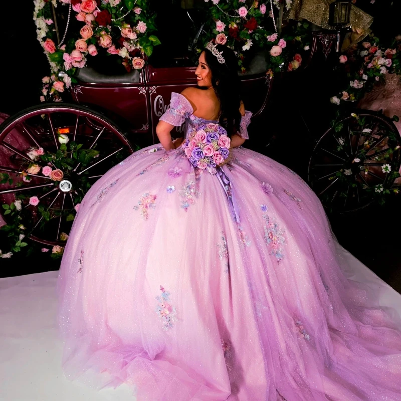 Pink Glitter Quinceanera Dresses Off Shoulder Ball Gown Sweet 16 Dress Applique Flower Beading Crystal Tull Party Birthday Vetid