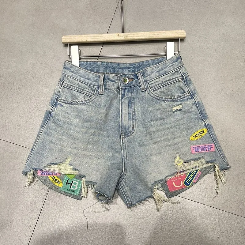 High-waisted Jeans for Women New Summer Style with Colorful Decorations High-waisted Wide-leg Pants Slimming Stylish Hot Pants