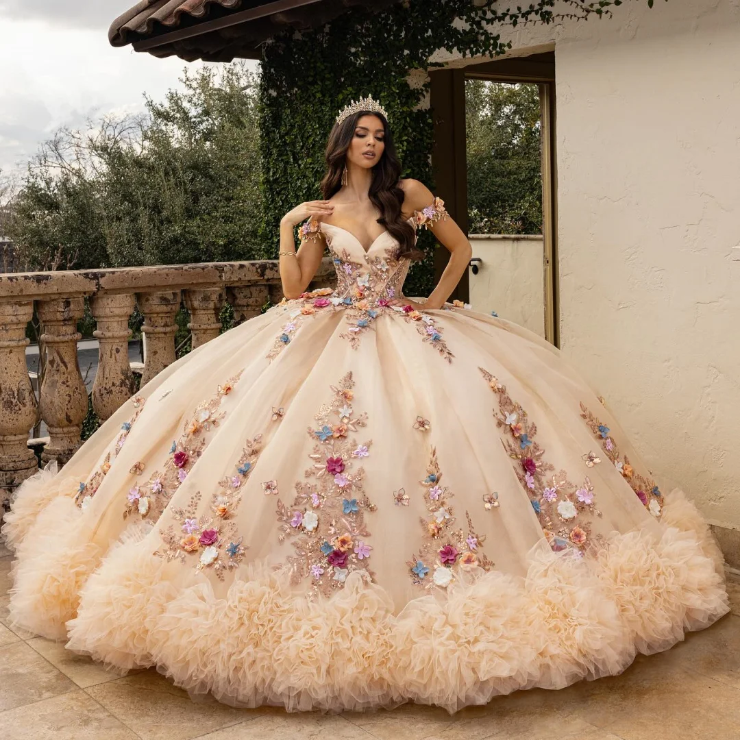 

Champagne Ball Gown Evening Dresses Woman 3D Flowers Lace Up Tulle Quinceanera Dress Puff Tulle Pageant Gowns Customized
