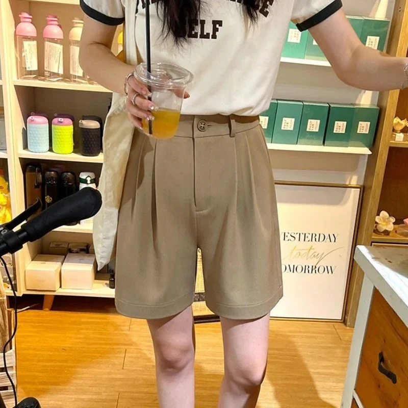 

Женские шорты в Корейском стиле со складками, летние, с высокой талией, универсальные, офисные, женские, простые, мешковатые, элегантные, нежные, повседневные, популярный дизайн Ins