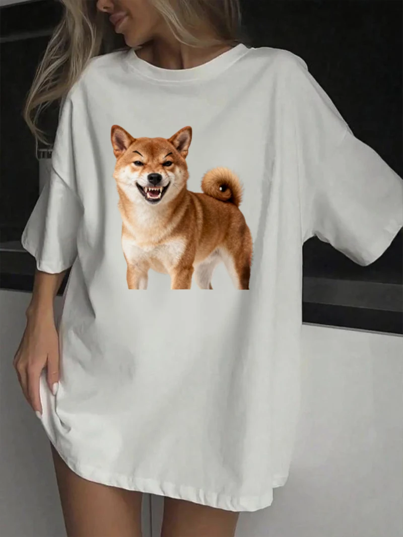 

Women's Short-sleeved T-shirt Featuring A Shiba Inu Dog Smiling Face Print Loose Fit Couple Style Summer Women's Clothing